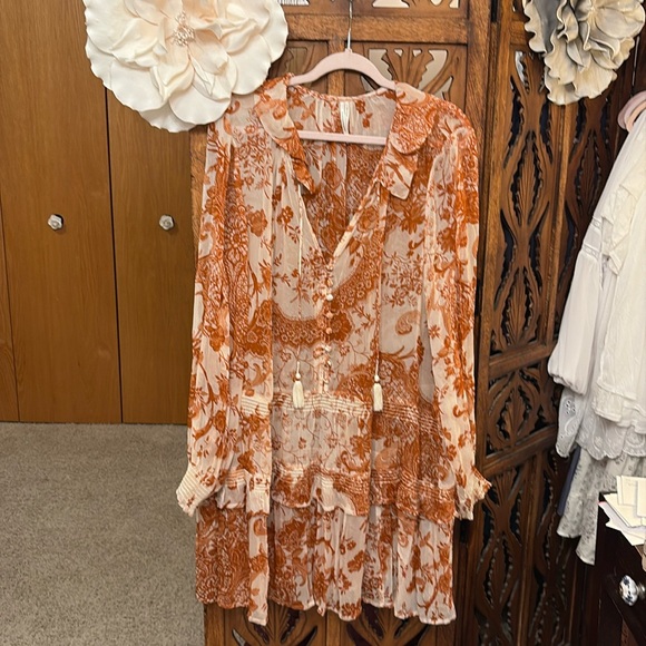 Anthropologie Dresses & Skirts - Anthropologie Burnt Orange and Cream Bohemian Tiered Long-Sleeve Dress